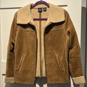 GAP genuine Leather Tan and Cream Teddy Jacket Cozy and Stylish